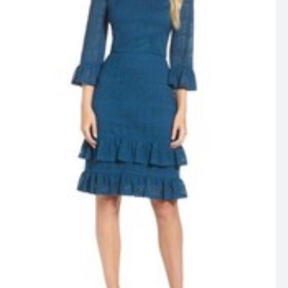 Maggy London Teal Long Sleeve Ruffle Dress